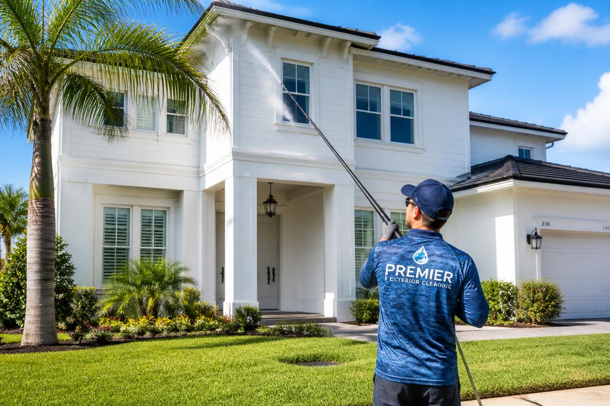 House washing soft wash exterior cleaning on a Florida home