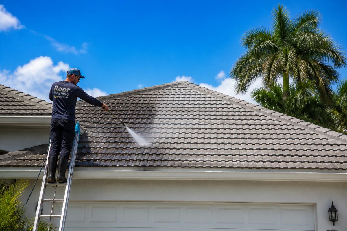Roof soft washing removing black algae stains